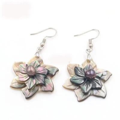 Genuine Flower Carved Shell Black Pearl Gems Silver Dangle Hook Earrings Jewelry - Image 1 of 4