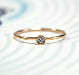 14k Solid Gold Small Bezel Set Diamond Ring Dainty Round Diamond Engagement Ring - Picture 1 of 12