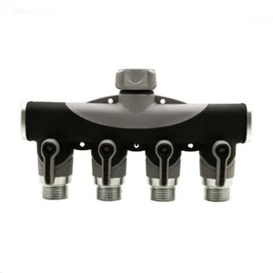 Thrifco 8429970 4-Way Garden Hose Manifold / Splitter with Shut-Off Valves- Zinc - Picture 1 of 7
