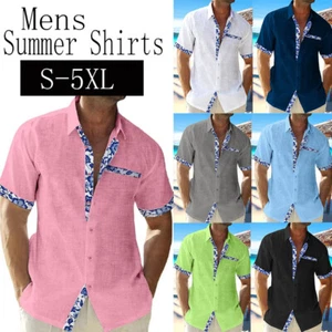 Mens Short Sleeve Color Block Shirt Casual Button-down Pocket Lapel Tops - Picture 1 of 18