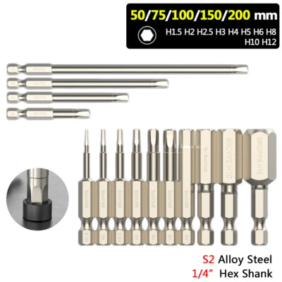 50mm-200mm Hex Screwdriver Bit Set H1.5 H2 H3 H4 H5 H6 H8 H10 H12 1/4" Hex Shank - Image 1 of 4