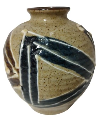 Japan Pottery Glazed Vase Brown Cream Blue Ribbed Textured Paint Five Inches - Image 1 of 4