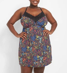 Cacique Lane Bryant Black Floral Criss-Cross Lace Back Chemise Sz 22/24 - Picture 1 of 2