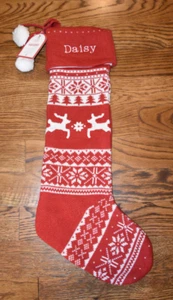 Pottery Barn Kids rotes Erbstück Strick Weihnachtsstrumpf Gänseblümchen Monogramm - Bild 1 von 3