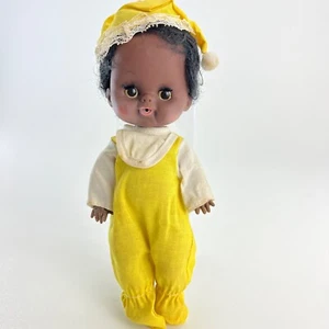 Vintage 1970s Black Baby Doll 10" Sleepy Eyes Drink Wet Hong Kong Yellow Outfit - Picture 1 of 24