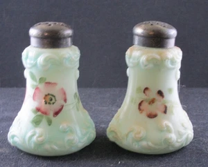 EAPG FOSTORIA PAIR BLOWN MILK GLASS DECORATED BLUE SALT SHAKERS C1904 3.5IN TALL - Picture 1 of 4