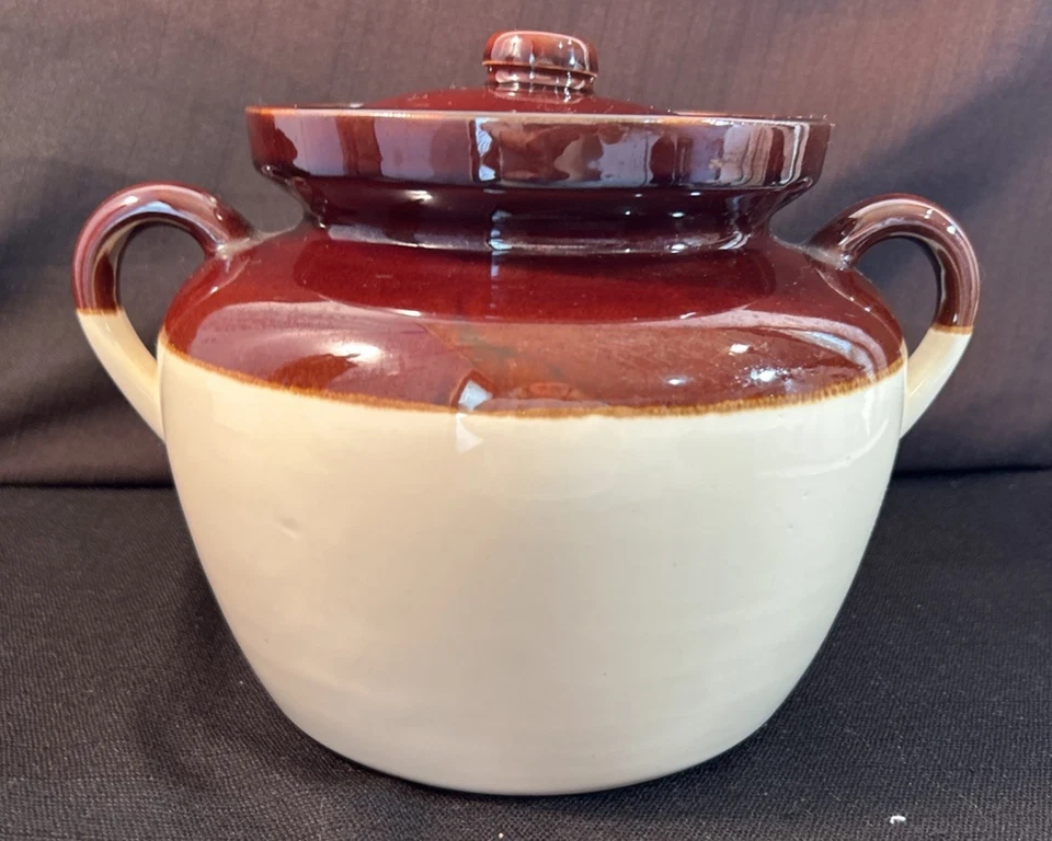 McCoy Bean Pot  & Lid Brown Tan Ovenproof Double Handle Pottery USA 343 Vintage - Image 1 of 4