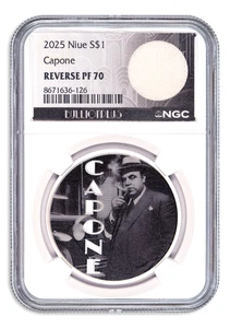 Moneda de plata Al Capone 2025 de 1 oz con mantel auténtico NGC PF70 prueba de revoluciones - Imagen 1 de 2