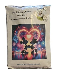 Love Mickey And Minnie Mouse 40x40 11ct Stamped Cross Stitch Kit - Picture 1 of 11