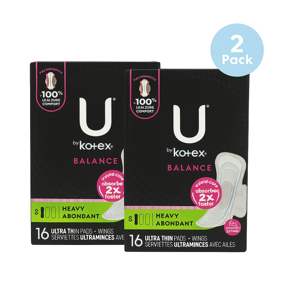 U by Kotex Balance Heavy Flow Ultra Thin Pads with Wings 16 Ct 2 Pack New - Image 1 of 1