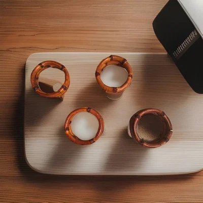 4 - Ручной работы сожженные тройные кольца бамбуковые салфетки держатели. Богемский деревенский стиль и тики - Изображение 1 из 4