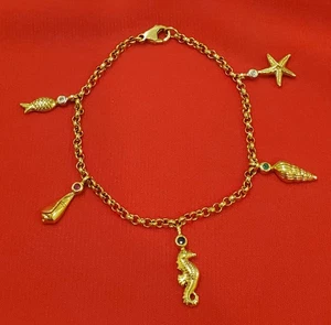 Exquisite 14K Gold (585) Sea Life Charm Bracelet - Diamond Ruby Sapphire Emerald - Picture 1 of 16