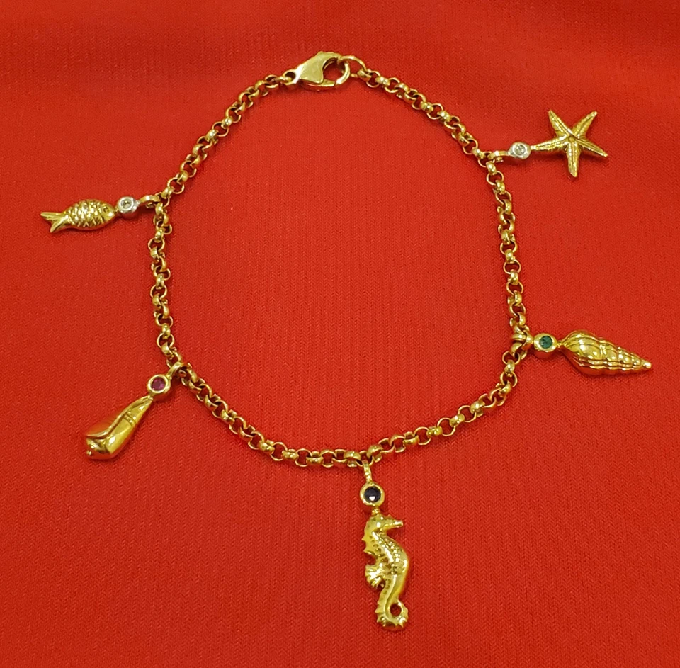 Изысканный 14K золото (585) морской жизни браслет с брелоками - бриллиант рубин сапфир изумруд - Изображение 1 из 4