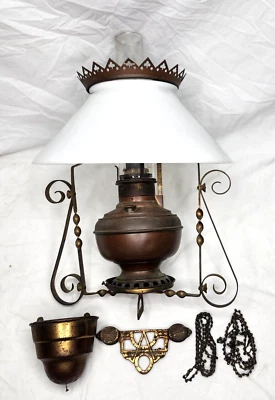 Antique" The Rochester" Copper Hanging Oil Lamp Pull Down w/ Counter Weight - Image 1 of 4
