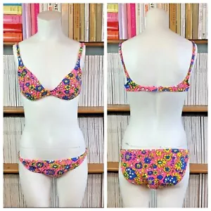 Traje de baño bikini vintage años 60 70 damas XS 8 10 estampado floral triángulo rosa - Imagen 1 de 12