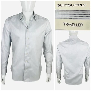 Suitsupply Mens 15.5 - 39 Shirt Slim Fit Traveler 100% Cotton Striped White Blue - Picture 1 of 11