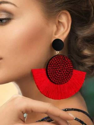 NEW LARGE FAN TASSELS RHINESTONES DROP EARRINGS RED . - Image 1 of 3