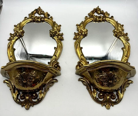 1970 Dart Syroco Gold Ornate Wall Mirrors W/ Shelf 2327 Hollywood Regency Pair Cover