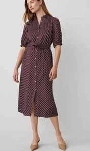 NUEVO CON ETIQUETAS VESTIDO CAMISERO MIDI CON CINTURÓN CUELLO ALTO PUNTEADO ROSA CIRUELA ANN TAYLOR 4 - Imagen 1 de 6