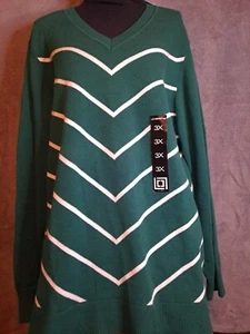 NEW Liz Claiborne Womens SWEATER 3X Green White Stripe Cotton V-Neck - Picture 1 of 9