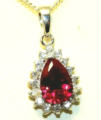 Silver Ruby Pendant Diamond Cluster  925 Sterling Silver Pear 18" Chain Necklace - Image 1 of 4