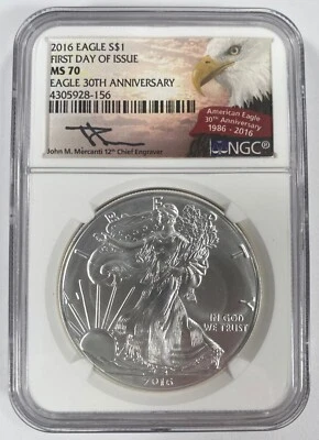 2016 Plateado Americano Ealge Graduado Por NGC Como MS-70 Fdoi Mercanti Firma - Imagen 1 de 4