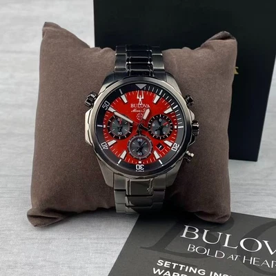 New Bulova Marine Star Men's Quartz Watch Red Dial Chronograph 98B350 43mm - Image 1 of 4