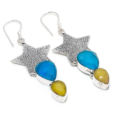 Blu Finto, Blu Giada 925 Argento Sterling Gioielli Orecchini - Immagine 1 di 4