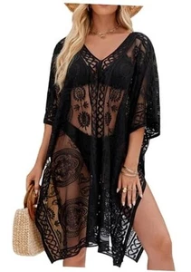 Sexy Elegant Lace Beach Cover Up for Women, Bathing Suit Cover Up, V-Neck Black - Picture 1 of 7