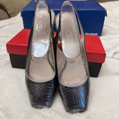 Talbots Sling Pewter Wedge Heel Shoe Snakeskin Size 10M EUC In Box Paulette3 - Image 1 of 4
