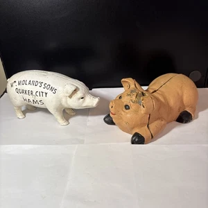 2 Vintage cast-iron pig lot heavy metal piggy banks Door Stop - Picture 1 of 10