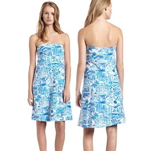 Lilly Pulitzer Fresh Catch Toile Strapless Mini Dress Blue Small Preppy Coastal - Picture 1 of 7