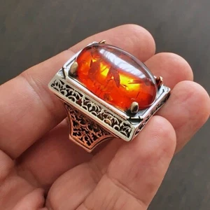 Big Silver Mens Ring Fire Amber Turkish Artisan Jewelry Statement 925 Sterling - Picture 1 of 8
