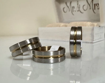 (Nuevo) Anillo plano de dos tonos de acero inoxidable con ranura de acento central tamaño 8,5 Foto 1 de 4