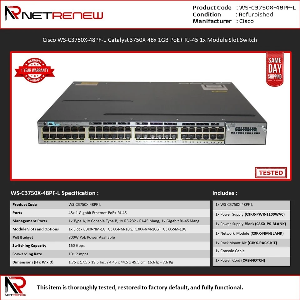 Cisco WS-C3750X-48PF-L Catalyst 48 Port Gigabit Ethernet PoE+ Switch - Image 1 of 1