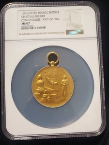 1903-Dated Gymnastique France Bronze Gilt Medal 51mm NGC MS67 (Z-0074) - Picture 1 of 2