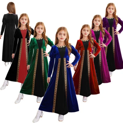 Kids Girls Gown A-Line Dress Long Sleeve Skirt Patchwork Robe Medieval Dress Up - Image 1 of 4