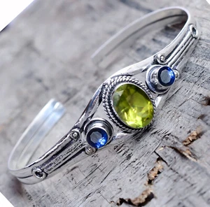Peridot Cut , Tanzanite Gemstone Bracelet 925 Sterling Silver Men's Cuff/s88 - Picture 1 of 6