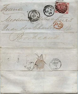 INGHILTERRA - 1872 -3 pence (33 Tav5) - Lettera x Bordeaux 2.12 - PD rosso - Picture 1 of 1
