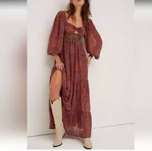Free People Maxikleid rot grün Folklore Spitze Taille Rüschen Langarm Gr. S - Bild 1 von 9