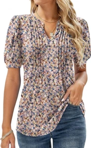 Womens V Neck Puff Short Sleeve Pleated T Shirts Fashion Summer Tops Casual Tuni - Picture 1 of 5