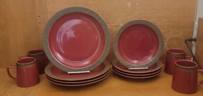 Juego de vajilla Sango RUSTIC CRANBERRY 12 piezas, 5134, rojo con banda marrón muy bueno Foto 1 de 4