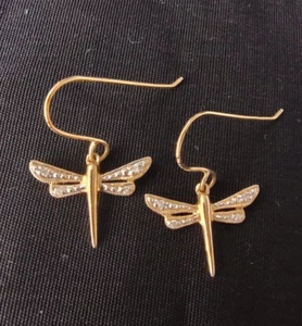 Vintage Yellow Gold 14K 585 & Diamonds Dragonfly Earrings 1 gram ST21 - Picture 1 of 10