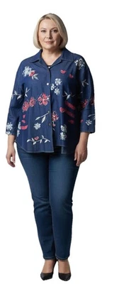 Blusa vaquera KORET CITY BLUES para mujer con botones floral manga ceñida 32W Foto 1 de 4