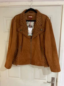 New Joe Browns Lagenlook Tan Cut Out Suede Leather Biker Jacket - Size 18 BNWT - Picture 1 of 18