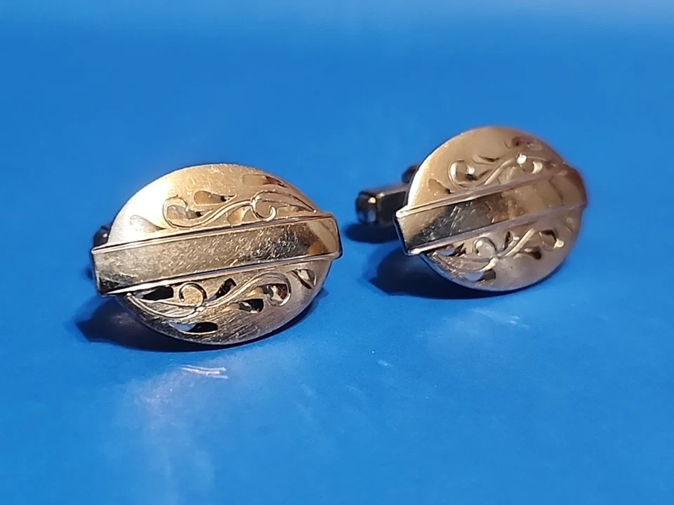 VINTAGE ANSON STERLING SILVER OVAL CUFFLINKS ETCHED w ENGRAVED DESIGN - Image 1 of 1