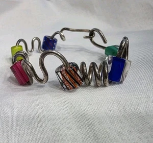 Artisan Sterling Silver 7.5” Beaded Wire Bracelet Colorful Carefree Creative - Picture 1 of 10