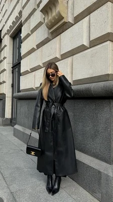 Chaqueta de gabardina larga de cuero negra para mujer talla S M L XL 2XL Foto 1 de 2