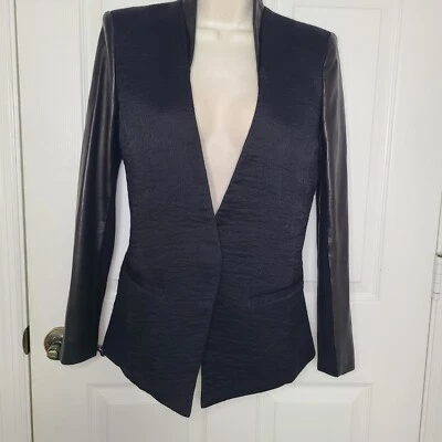 Helmut Lang  Blazer Jacket Black Textured Leather sleeves and collar sz 2 - Image 1 of 4