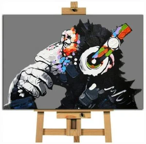 Banksy Chimp Monkey Headphones grey background canvas wall art print - Picture 1 of 1